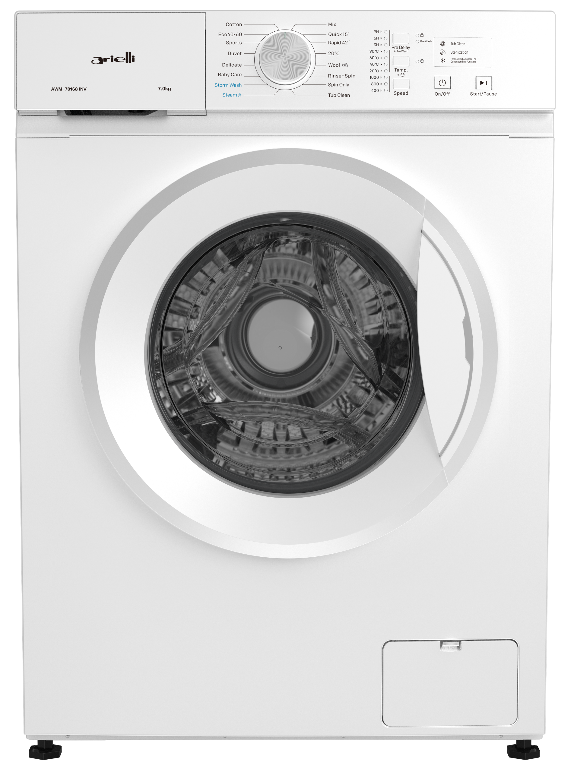 Arielli AWM-70168 INV Πλυντήριο Ρούχων 7kg, 1200 Στροφών, με Ατμό, Α, Λευκό